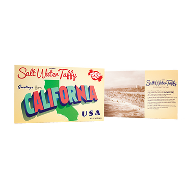 Front and back of Taffy Town California Taffy Gift Box featuring 14 oz. of soft, whipped Salt Water Taffy in coastal souvenir packaging